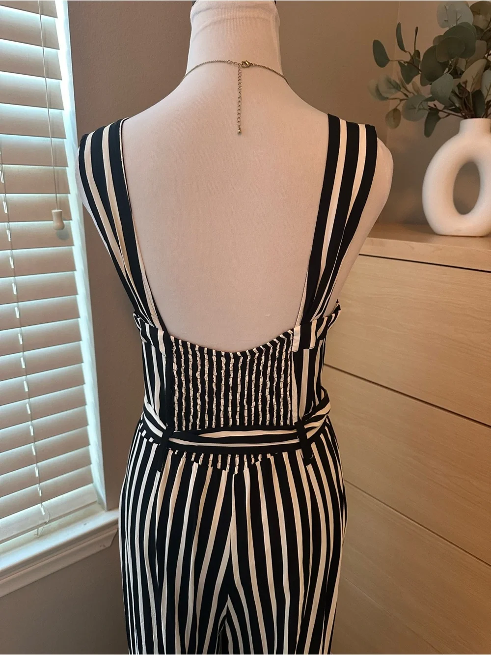 Free People Black and White Striped Sleeveless Jumpsuit with Waist Tie